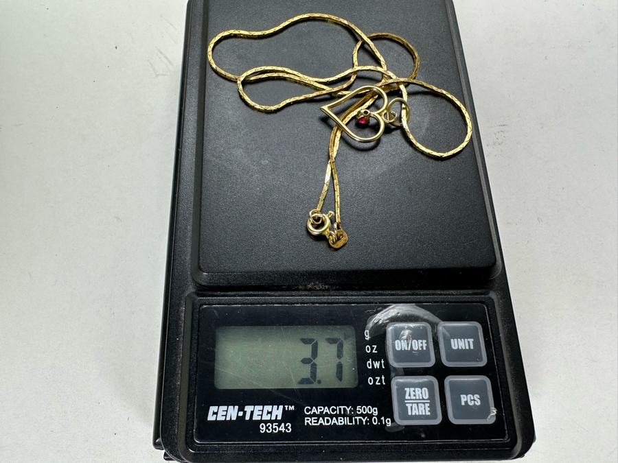 14K Gold Heart Pendant With Red Stone And 14K Gold 14' Necklace 3.7g [Photo 9]
