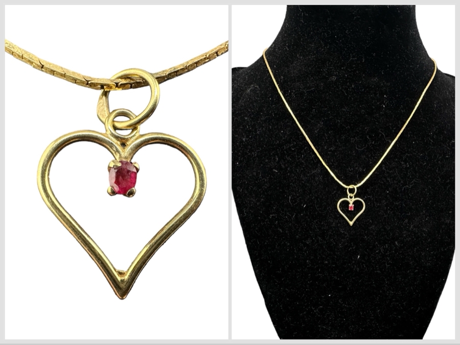 14K Gold Heart Pendant With Red Stone And 14K Gold 14' Necklace 3.7g [Photo 1]