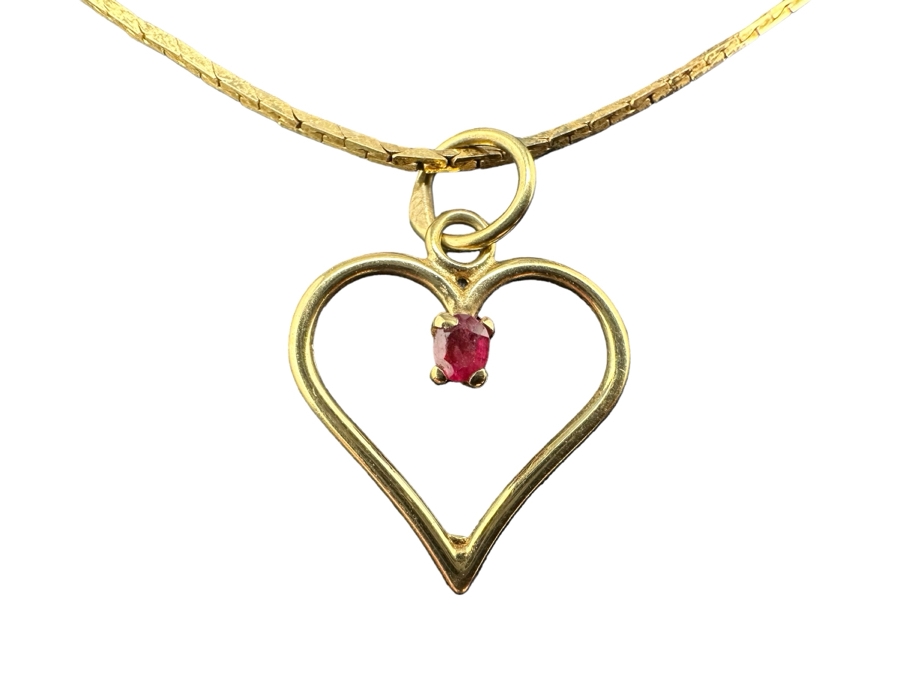 14K Gold Heart Pendant With Red Stone And 14K Gold 14' Necklace 3.7g [Photo 2]