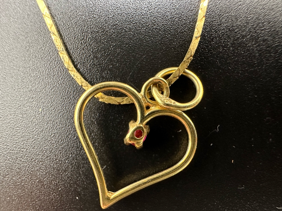14K Gold Heart Pendant With Red Stone And 14K Gold 14' Necklace 3.7g [Photo 4]