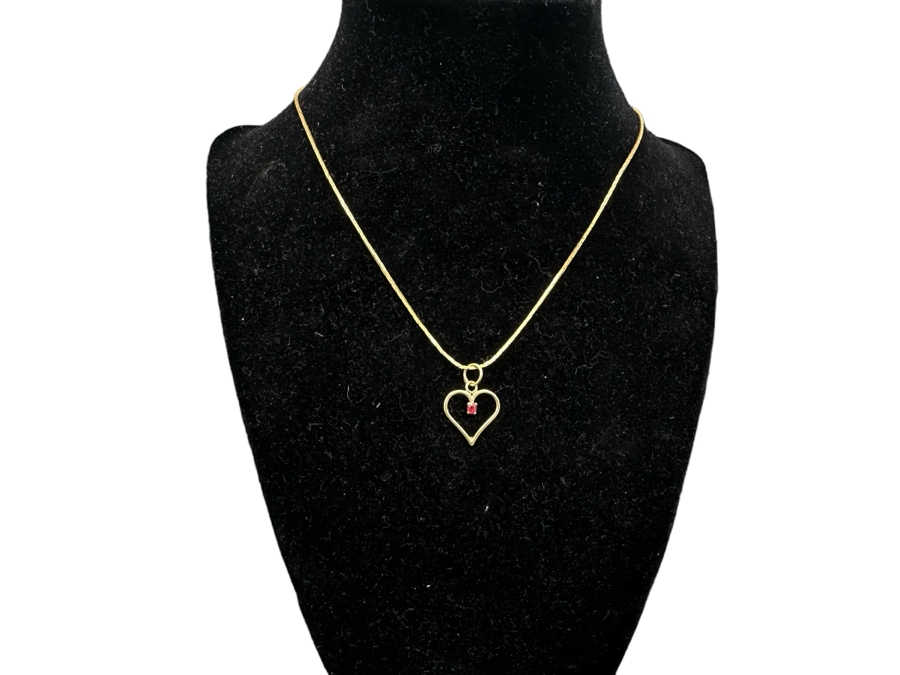 14K Gold Heart Pendant With Red Stone And 14K Gold 14' Necklace 3.7g [Photo 3]
