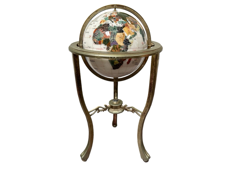 Inlaid Semi-Precious Stone Freestanding Globe 18W X 36H
