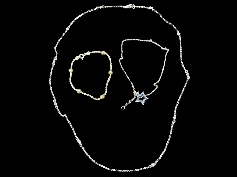Sterling Silver 23' Necklace And Pair Of Sterling Silver Bracelets 9.4g [Photo 1]