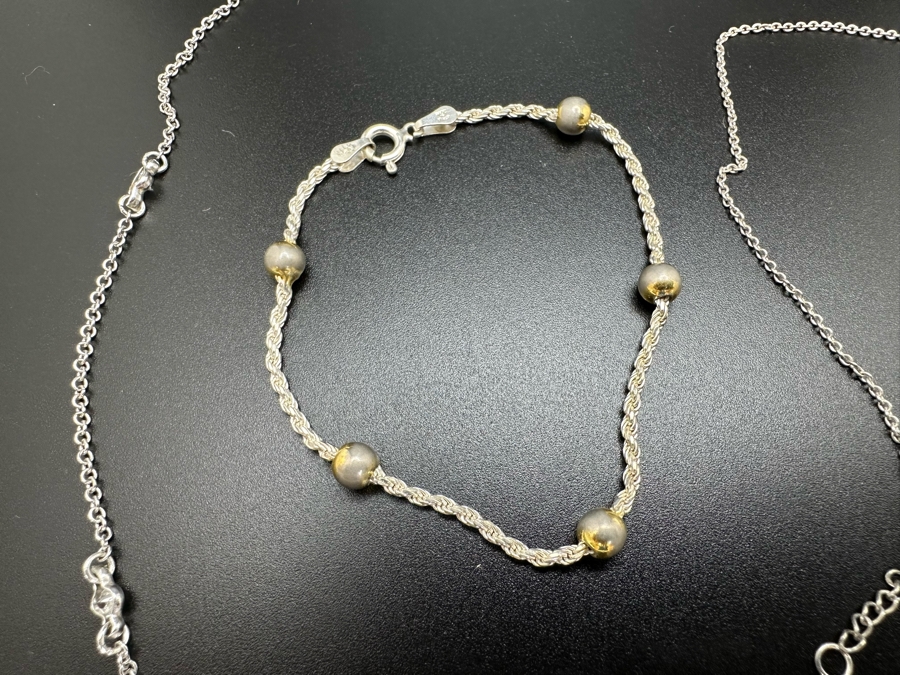 Sterling Silver 23' Necklace And Pair Of Sterling Silver Bracelets 9.4g [Photo 3]