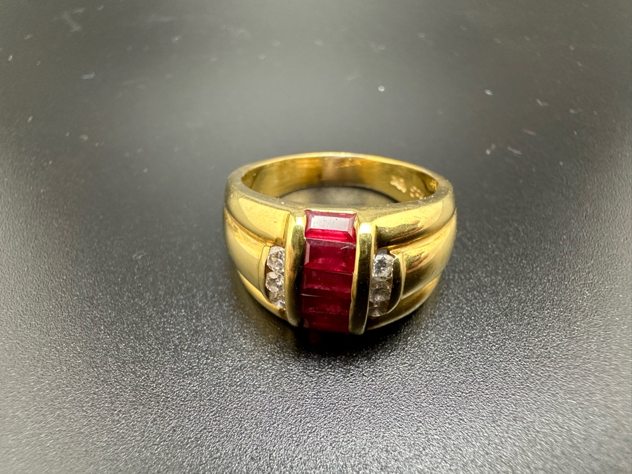 18K Gold Set With 6 4mm X 2mm Baguette Natural Rubies Estimated 1cttw & 6 2mm Round Brilliant Cut Diamonds SI1-2 Clarity G-H Color Est. .18cttw Ring Size 8 9.4g Estimated Value $2,500 [Photo 12]