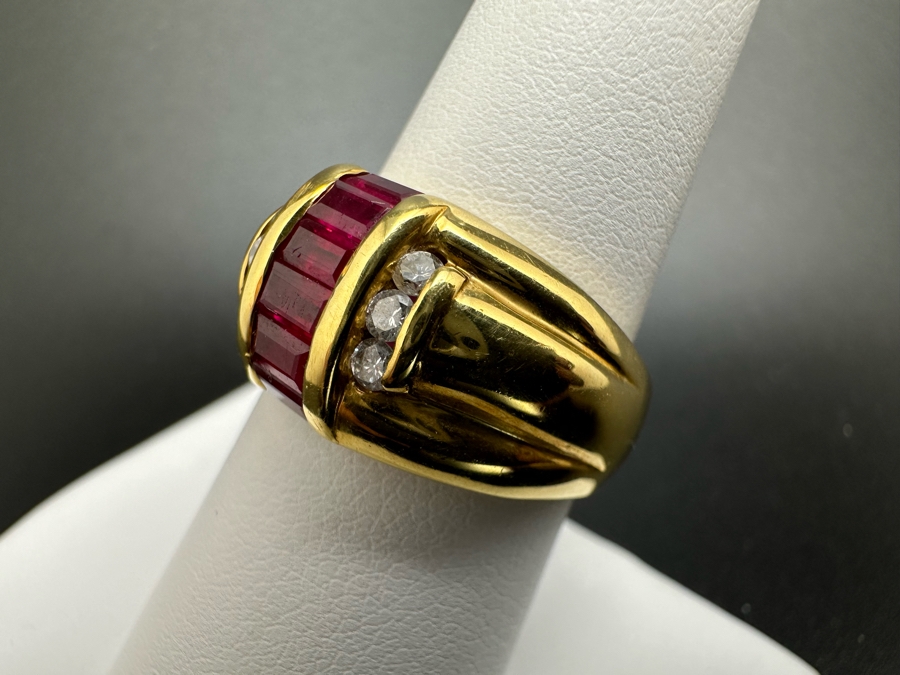 18K Gold Set With 6 4mm X 2mm Baguette Natural Rubies Estimated 1cttw & 6 2mm Round Brilliant Cut Diamonds SI1-2 Clarity G-H Color Est. .18cttw Ring Size 8 9.4g Estimated Value $2,500 [Photo 8]