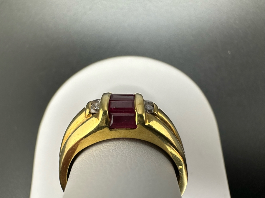 18K Gold Set With 6 4mm X 2mm Baguette Natural Rubies Estimated 1cttw & 6 2mm Round Brilliant Cut Diamonds SI1-2 Clarity G-H Color Est. .18cttw Ring Size 8 9.4g Estimated Value $2,500 [Photo 11]