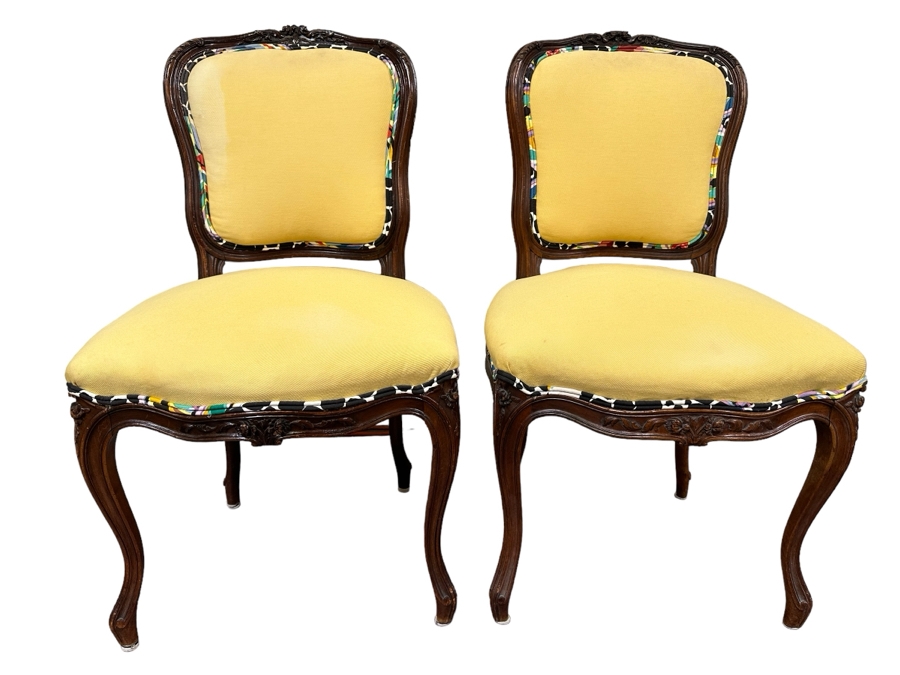 JUST ADDED - Pair Of Carved Wooden Side Accent Chairs 19.5W X 20D X 34H [Photo 1]