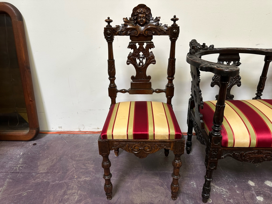 Italian Renaissance Revival Carved Wooden Settee Sofa 58W X 24D, Corner Chair 27W And Side Chair [Photo 26]