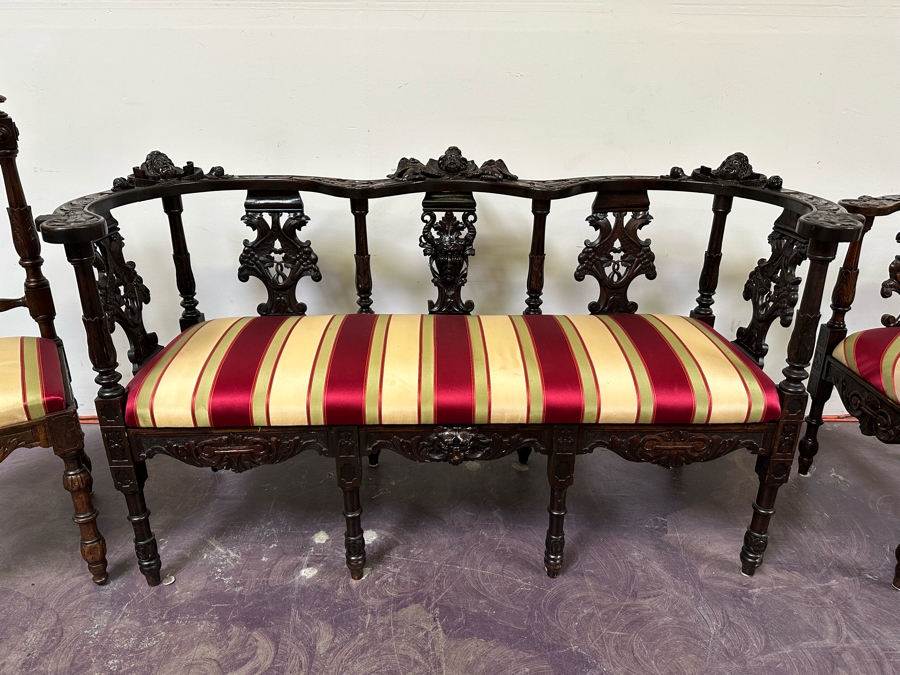 Italian Renaissance Revival Carved Wooden Settee Sofa 58W X 24D, Corner Chair 27W And Side Chair [Photo 4]