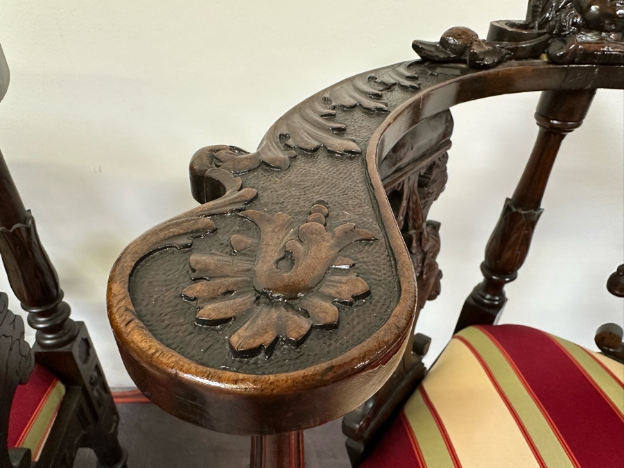 Italian Renaissance Revival Carved Wooden Settee Sofa 58W X 24D, Corner Chair 27W And Side Chair [Photo 21]