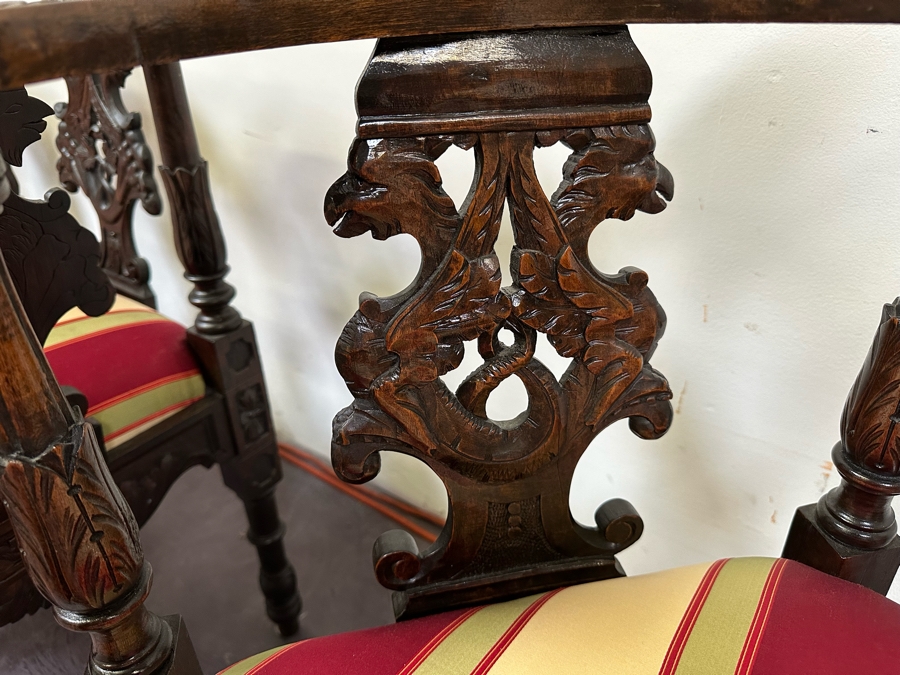 Italian Renaissance Revival Carved Wooden Settee Sofa 58W X 24D, Corner Chair 27W And Side Chair [Photo 22]