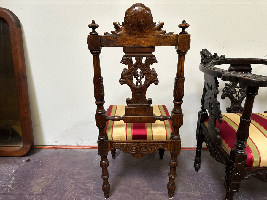 Italian Renaissance Revival Carved Wooden Settee Sofa 58W X 24D, Corner Chair 27W And Side Chair [Photo 42]