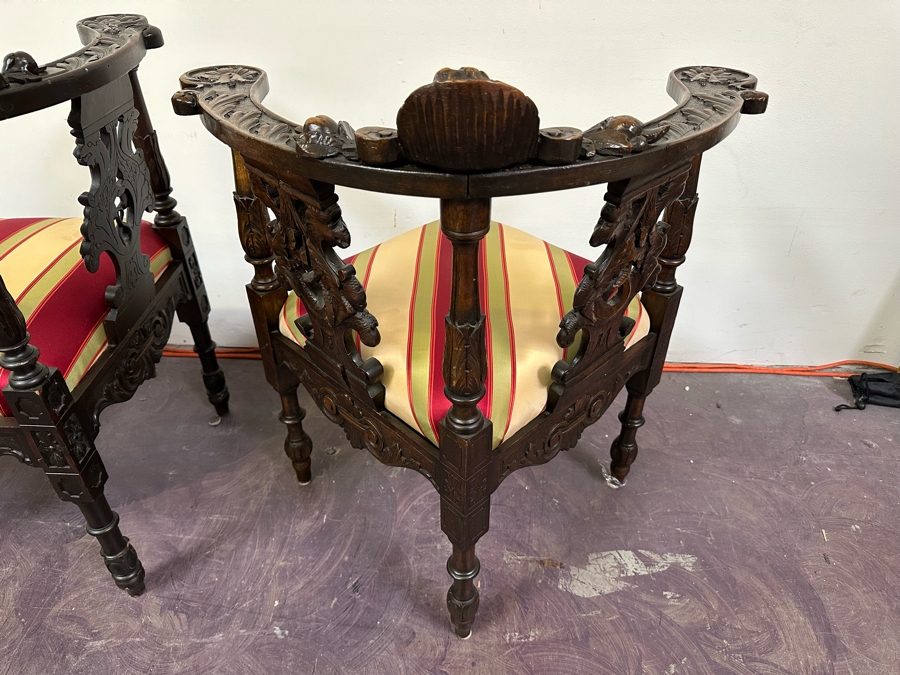 Italian Renaissance Revival Carved Wooden Settee Sofa 58W X 24D, Corner Chair 27W And Side Chair [Photo 45]