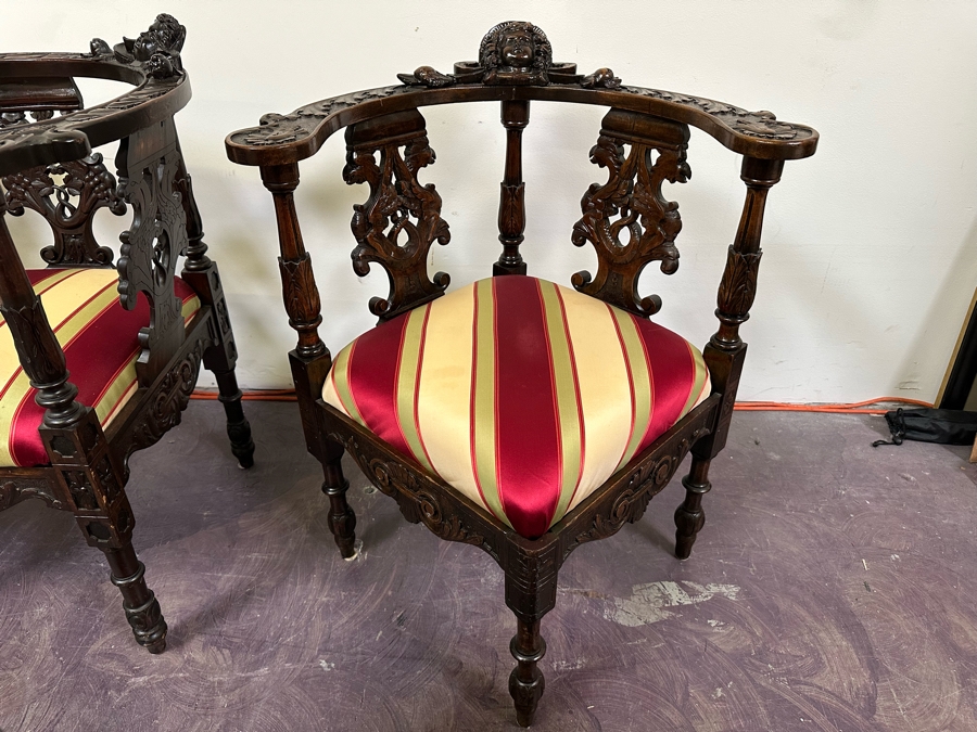 Italian Renaissance Revival Carved Wooden Settee Sofa 58W X 24D, Corner Chair 27W And Side Chair [Photo 17]