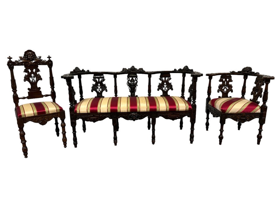 Italian Renaissance Revival Carved Wooden Settee Sofa 58W X 24D, Corner Chair 27W And Side Chair [Photo 2]
