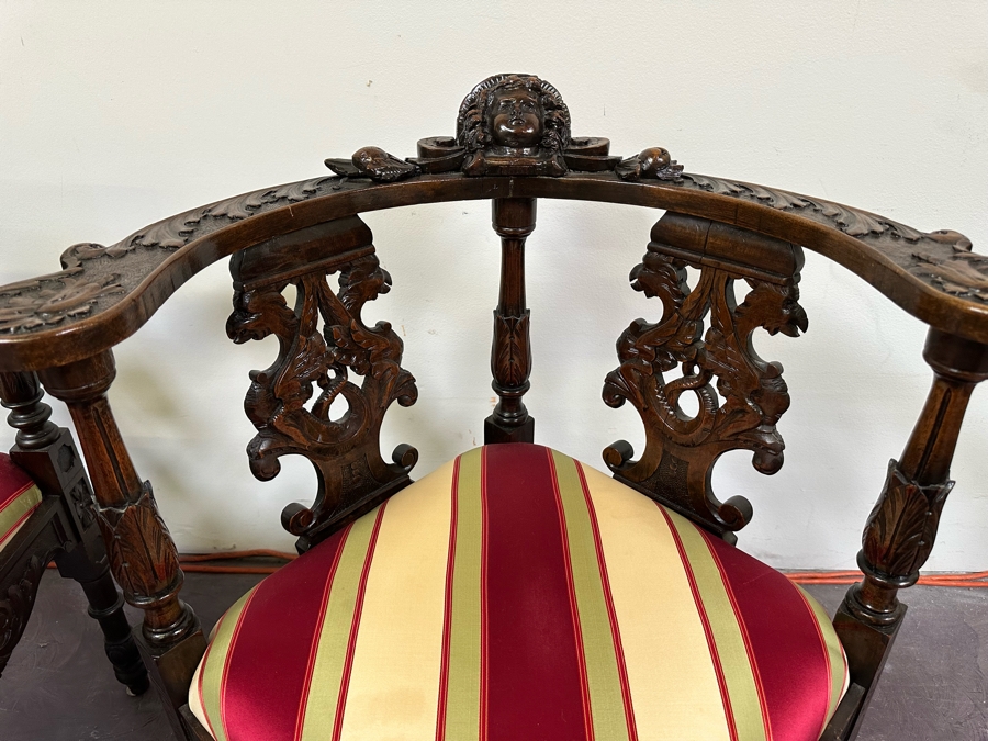 Italian Renaissance Revival Carved Wooden Settee Sofa 58W X 24D, Corner Chair 27W And Side Chair [Photo 18]