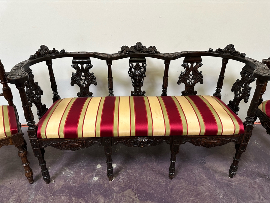 Italian Renaissance Revival Carved Wooden Settee Sofa 58W X 24D, Corner Chair 27W And Side Chair [Photo 16]