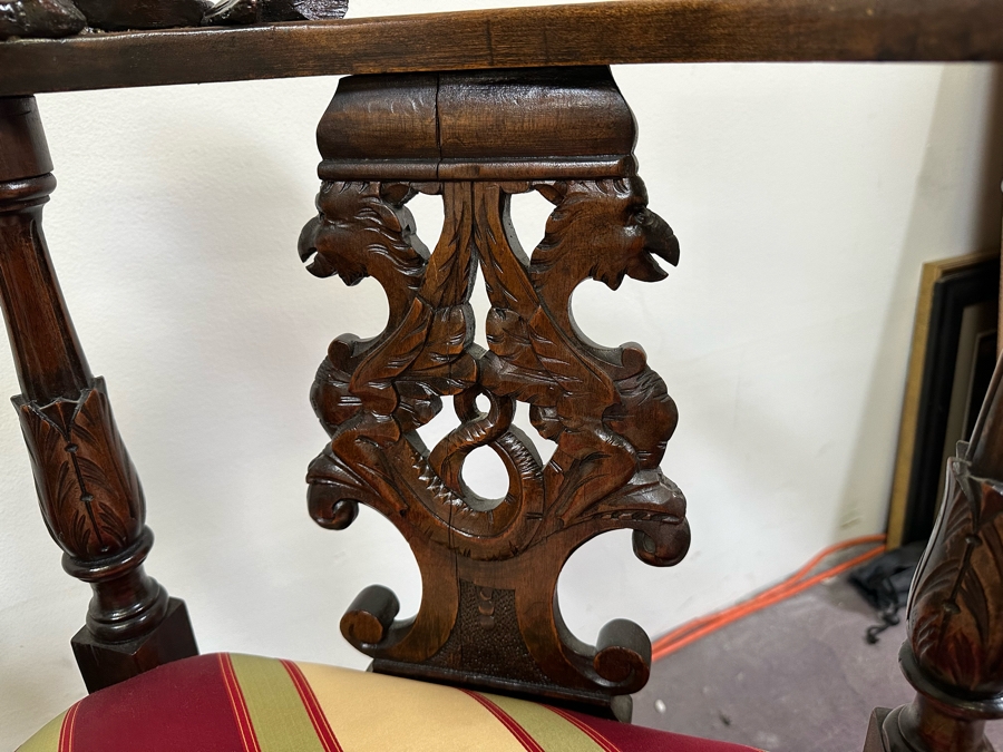 Italian Renaissance Revival Carved Wooden Settee Sofa 58W X 24D, Corner Chair 27W And Side Chair [Photo 23]