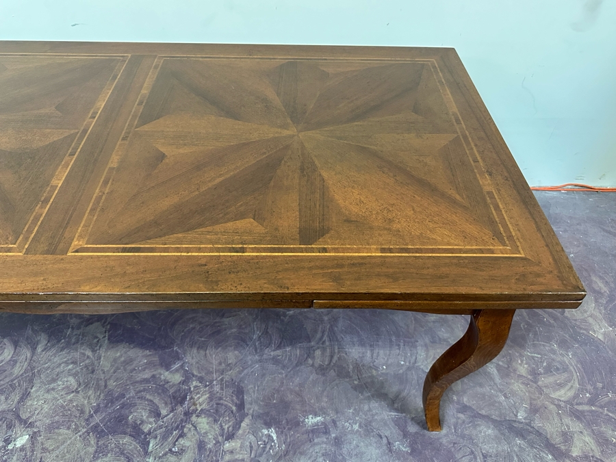 JUST ADDED - Stunning French Style Parquetry Inlay Wooden Dining Table With Two Built-In Leaves 39.5W X 79L X 30.5H [Photo 7]