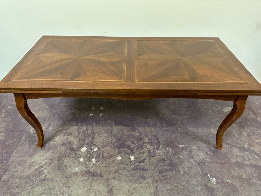 JUST ADDED - Stunning French Style Parquetry Inlay Wooden Dining Table With Two Built-In Leaves 39.5W X 79L X 30.5H [Photo 5]