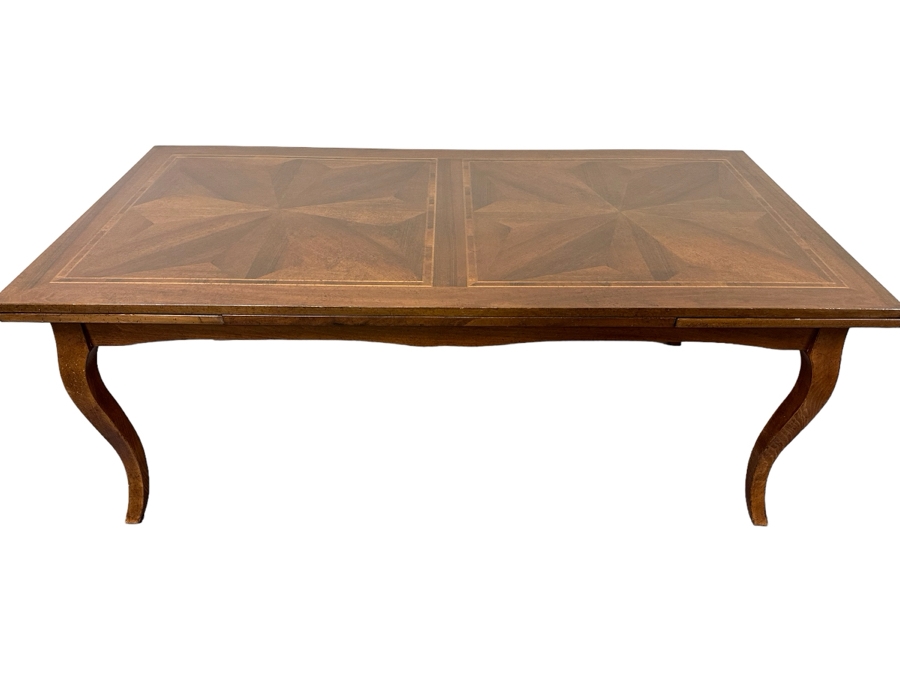 JUST ADDED - Stunning French Style Parquetry Inlay Wooden Dining Table With Two Built-In Leaves 39.5W X 79L X 30.5H