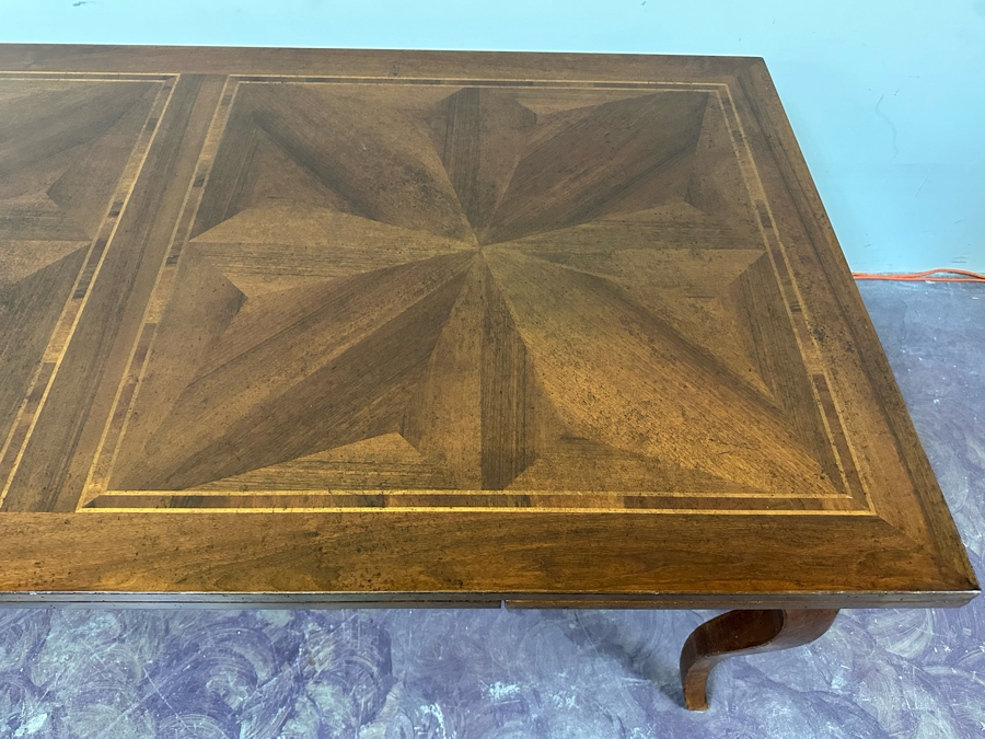 JUST ADDED - Stunning French Style Parquetry Inlay Wooden Dining Table With Two Built-In Leaves 39.5W X 79L X 30.5H [Photo 2]