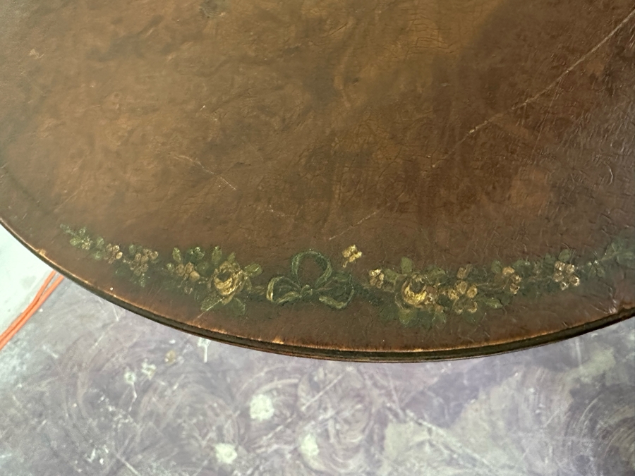 JUST ADDED - Antique Hand Painted Wooden Leather Top Pedestal Table 23W X 28H [Photo 5]