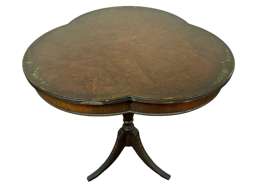 JUST ADDED - Antique Hand Painted Wooden Leather Top Pedestal Table 23W X 28H [Photo 2]