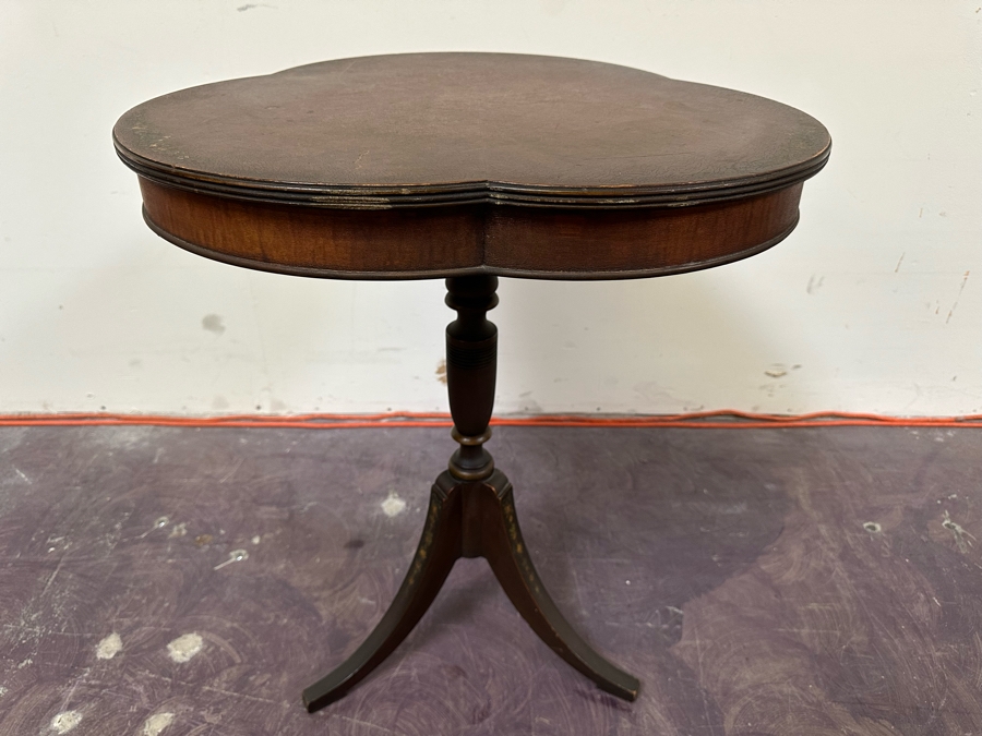 JUST ADDED - Antique Hand Painted Wooden Leather Top Pedestal Table 23W X 28H [Photo 3]