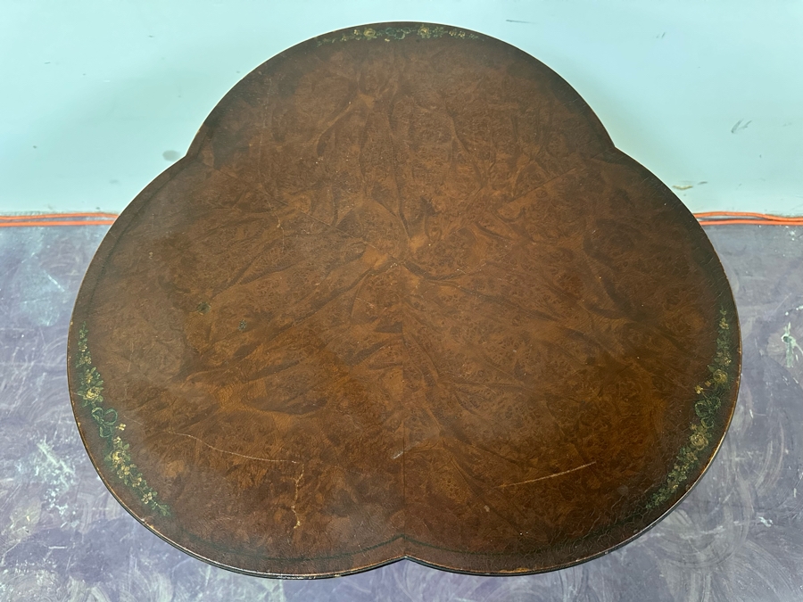 JUST ADDED - Antique Hand Painted Wooden Leather Top Pedestal Table 23W X 28H [Photo 4]
