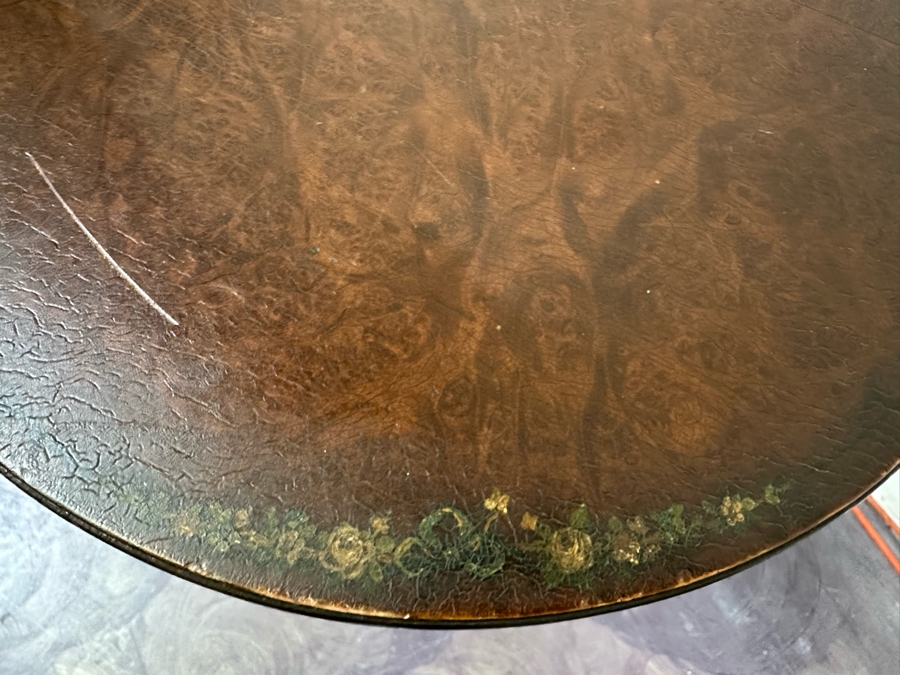 JUST ADDED - Antique Hand Painted Wooden Leather Top Pedestal Table 23W X 28H [Photo 6]