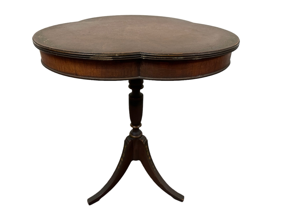 JUST ADDED - Antique Hand Painted Wooden Leather Top Pedestal Table 23W X 28H [Photo 1]