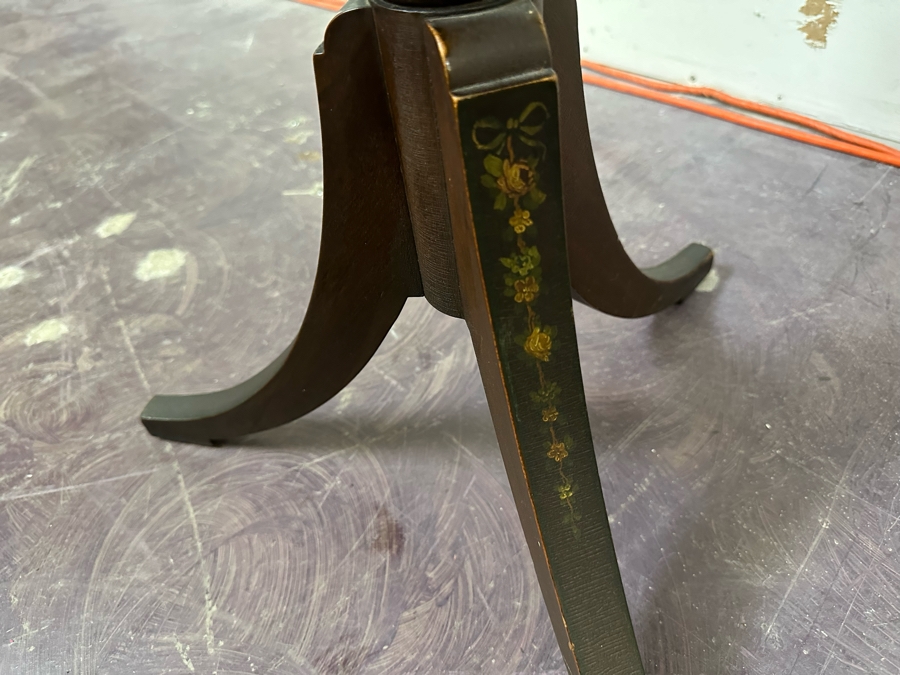 JUST ADDED - Antique Hand Painted Wooden Leather Top Pedestal Table 23W X 28H [Photo 7]