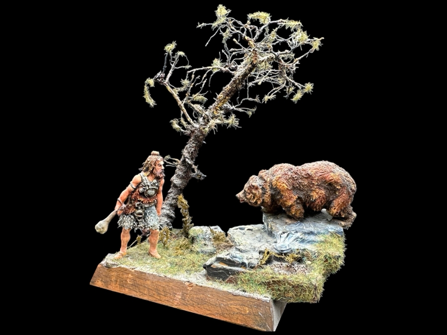 Hand Painted Plastic Miniature Figurines German 1st Century Man Versus Grizzly Bear Scene By Dr. David D. Michaels 5W X 3D X 6.5H [Photo 1]