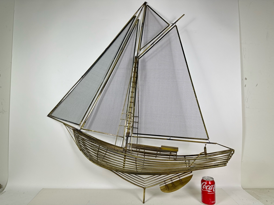 Vintage 1980 Curtis Jere Signed Brass Metal Sailing Ship Boat Wall Sculpture 40W X 9D X 46H [Photo 4]