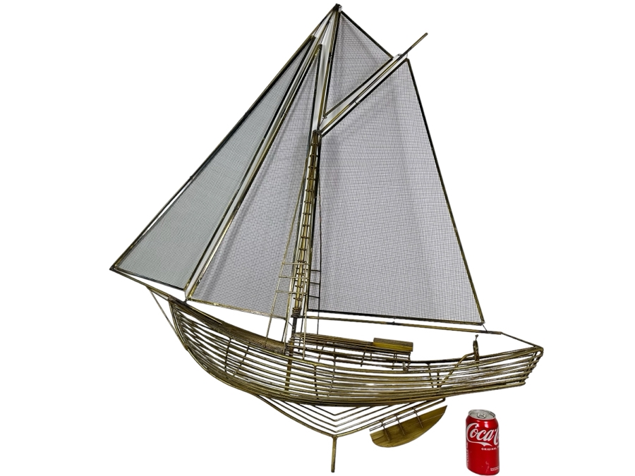 Vintage 1980 Curtis Jere Signed Brass Metal Sailing Ship Boat Wall Sculpture 40W X 9D X 46H [Photo 2]