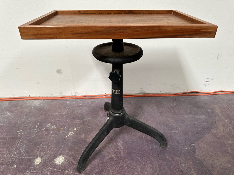 Vintage Eye Doctors Optometrist's Adjustable Table Walnut Wood Top With Heavy Cast Iron Base On Casters By Haag-Streit Liebefeld-Bern Made In Switzerland 22W X 14D X 29H [Photo 5]