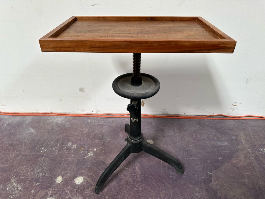 Vintage Eye Doctors Optometrist's Adjustable Table Walnut Wood Top With Heavy Cast Iron Base On Casters By Haag-Streit Liebefeld-Bern Made In Switzerland 22W X 14D X 29H [Photo 12]