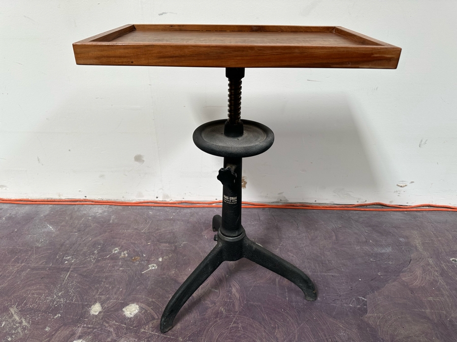 Vintage Eye Doctors Optometrist's Adjustable Table Walnut Wood Top With Heavy Cast Iron Base On Casters By Haag-Streit Liebefeld-Bern Made In Switzerland 22W X 14D X 29H [Photo 8]