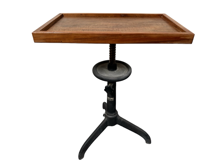 Vintage Eye Doctors Optometrist's Adjustable Table Walnut Wood Top With Heavy Cast Iron Base On Casters By Haag-Streit Liebefeld-Bern Made In Switzerland 22W X 14D X 29H [Photo 2]