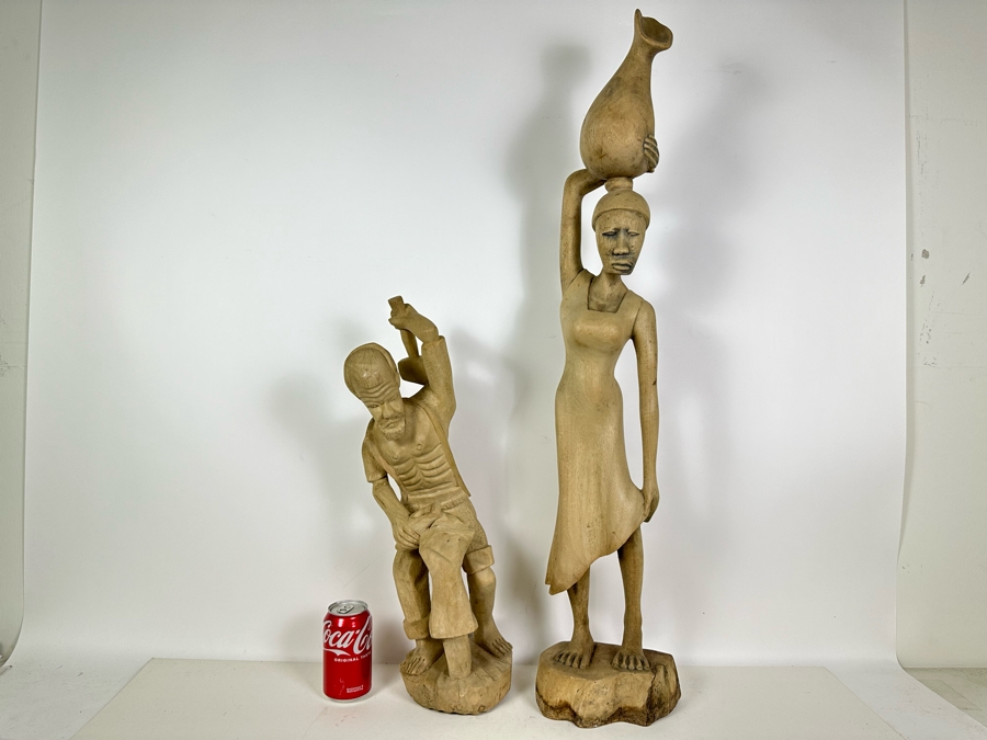 Pair Of Vintage Carved Wooden African Sculptures 24H & 36H [Photo 2]