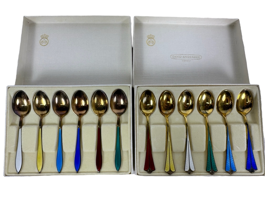 David-Andersen Norway Sterling Silver Enamel Spoons With Original Boxes 130.4g