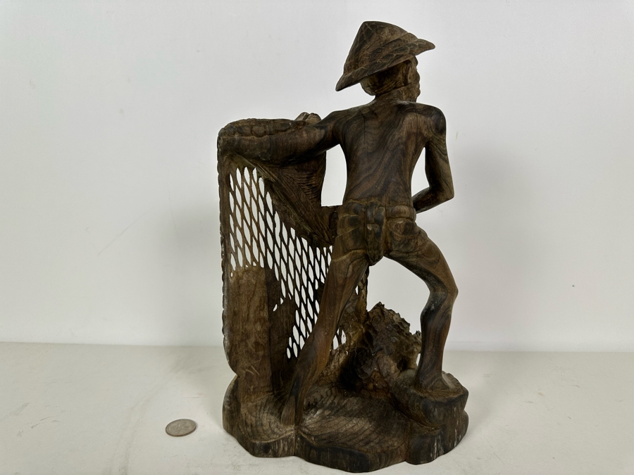 Vintage Indonesian Carved Wooden Sculpture Fisherman With Net 13H [Photo 2]