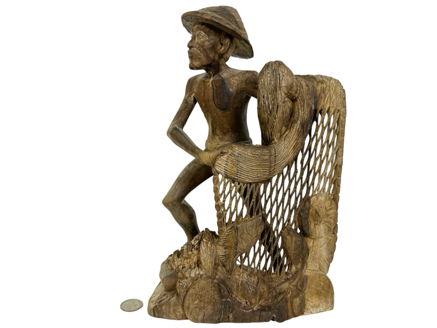 Vintage Indonesian Carved Wooden Sculpture Fisherman With Net 13H [Photo 1]