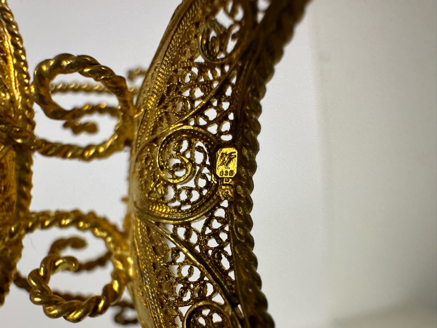 European Silver 835 Gilt Filigree Sailing Ship Sculpture Signed Made In Portugal 8W X 2D X 8.5H 129.7g [Photo 11]