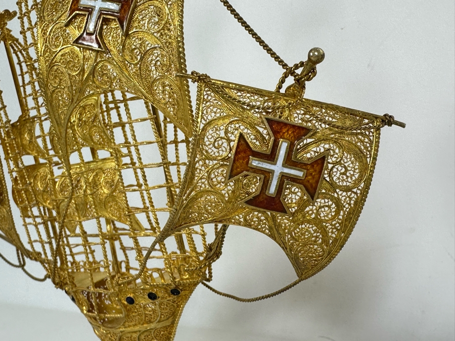 European Silver 835 Gilt Filigree Sailing Ship Sculpture Signed Made In Portugal 8W X 2D X 8.5H 129.7g [Photo 6]