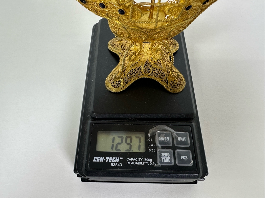 European Silver 835 Gilt Filigree Sailing Ship Sculpture Signed Made In Portugal 8W X 2D X 8.5H 129.7g [Photo 15]