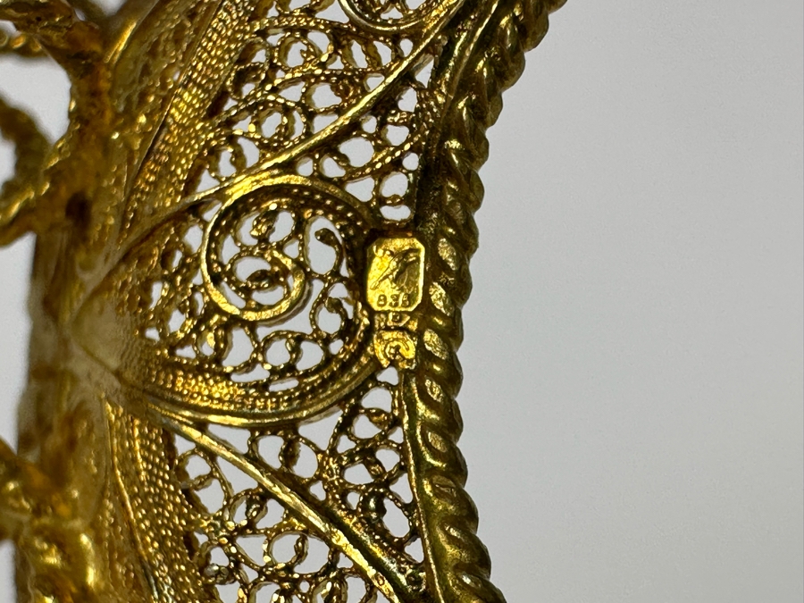 European Silver 835 Gilt Filigree Sailing Ship Sculpture Signed Made In Portugal 8W X 2D X 8.5H 129.7g [Photo 13]