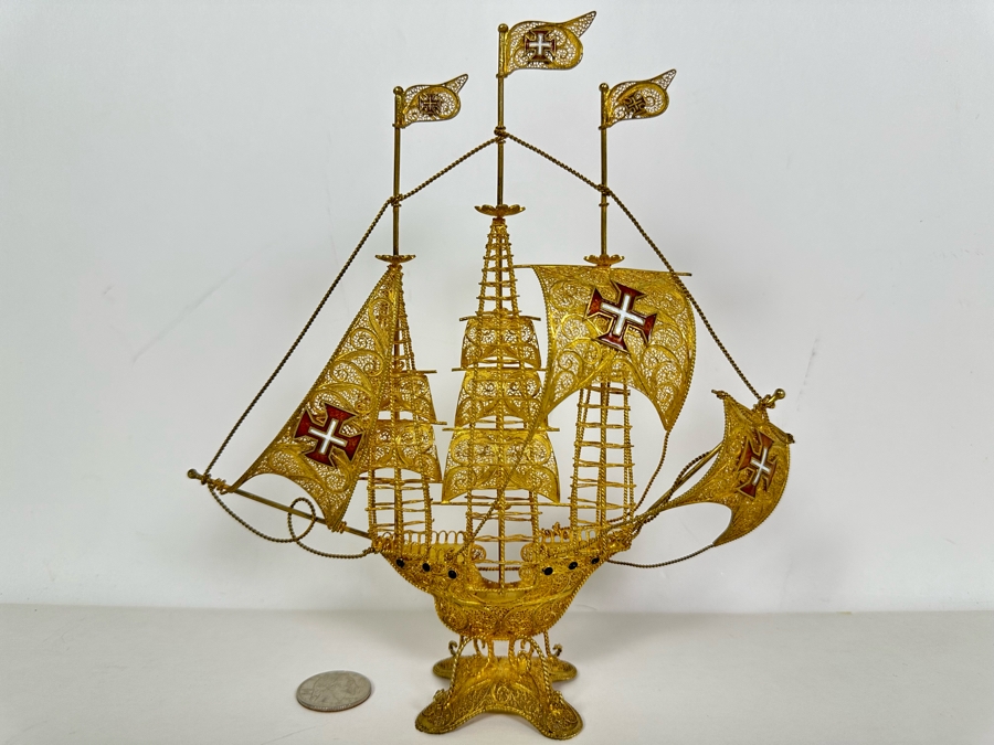 European Silver 835 Gilt Filigree Sailing Ship Sculpture Signed Made In Portugal 8W X 2D X 8.5H 129.7g [Photo 2]